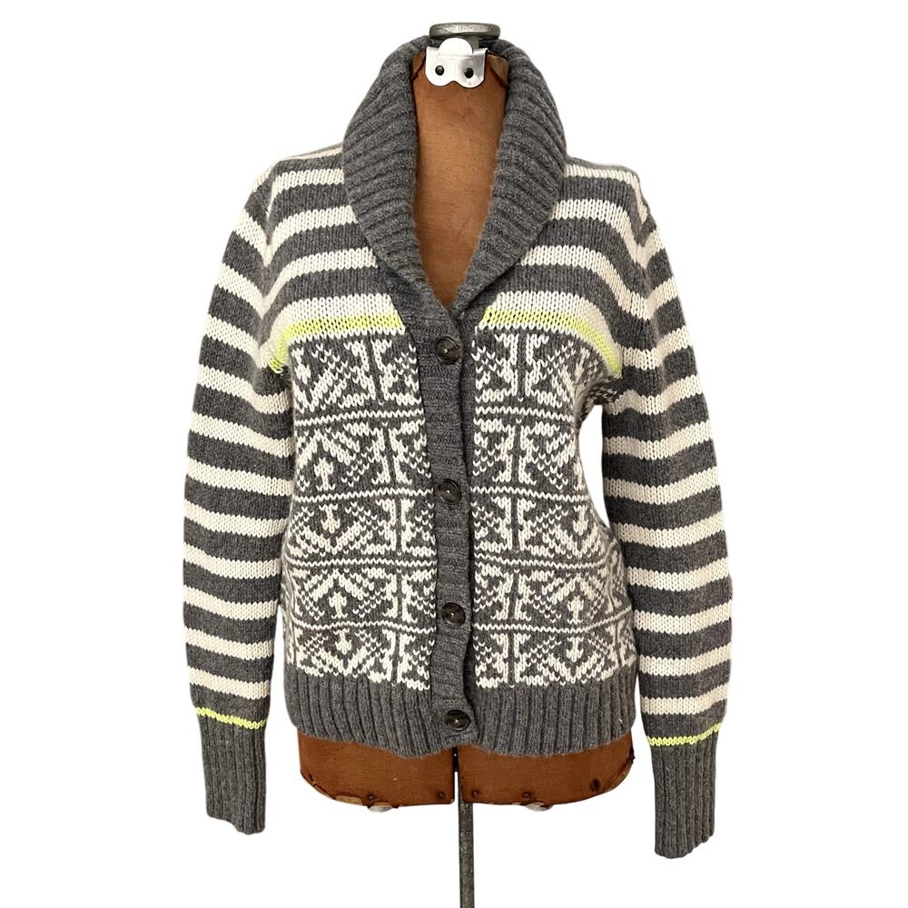 Gap Sz L Shawl Collar Cardigan Sweater Gray Lambswool Nordic Festive Holiday Ski